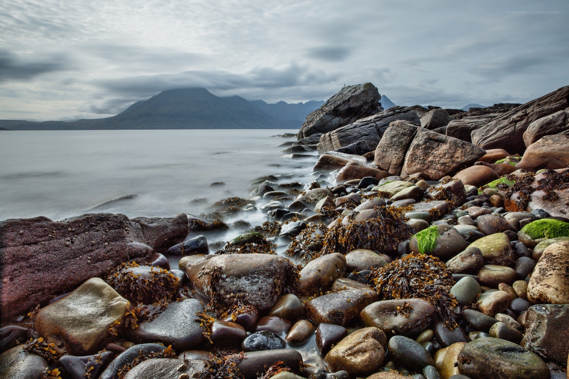 Rocky shore with distant mountains