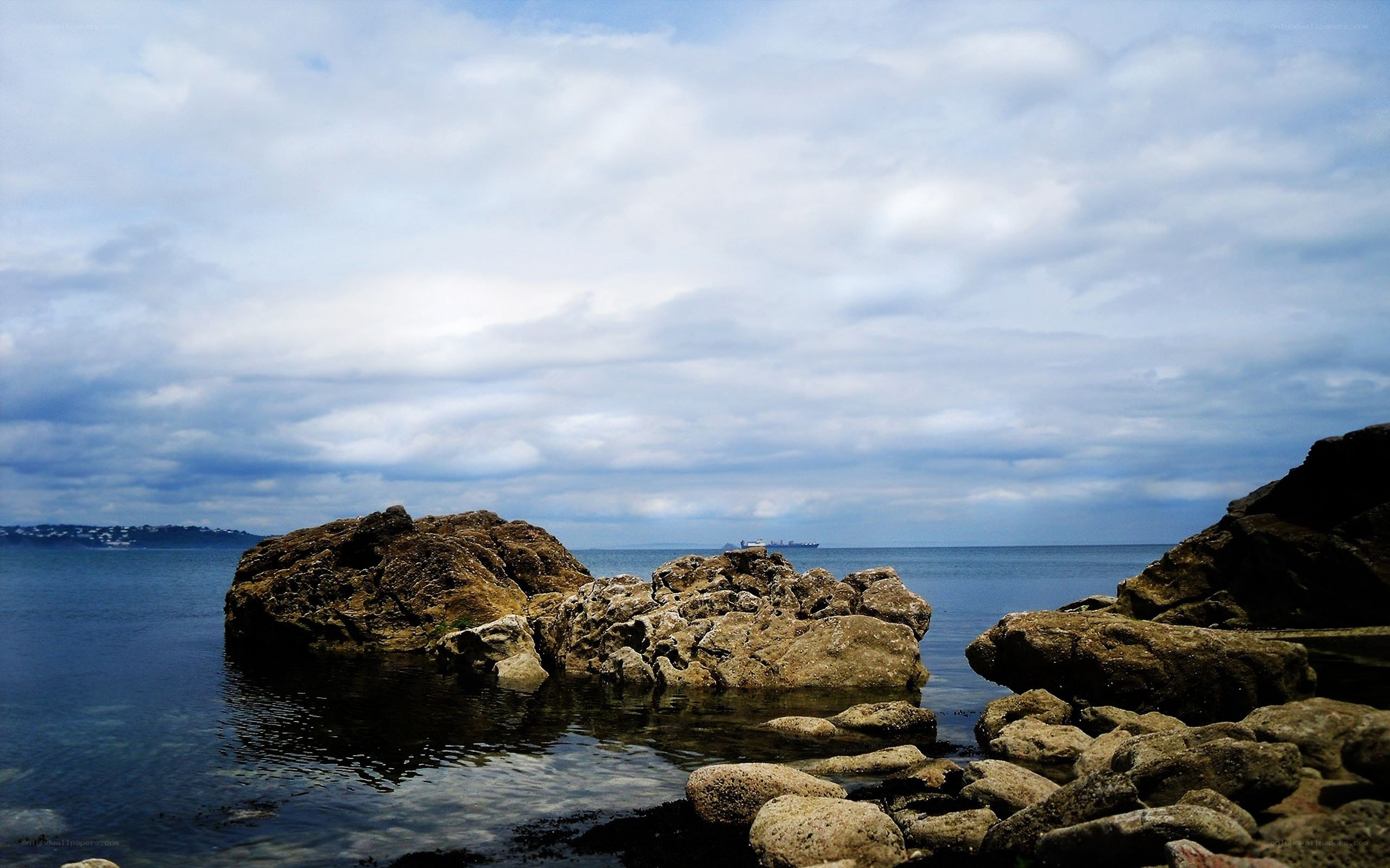 Rocky shore with distant ship