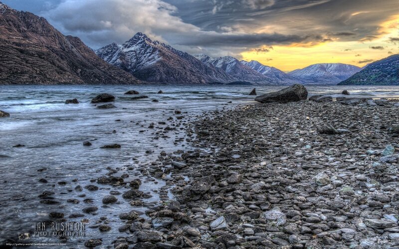 Rocky Shore with Mountains — Gray, Dramatic