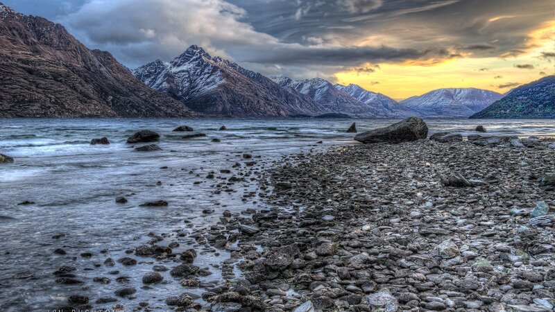 Rocky Shore with Mountains — Gray