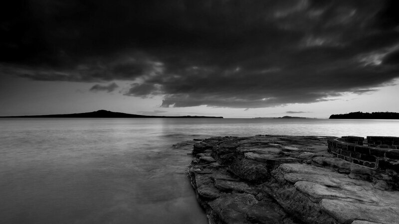 Rocky Shoreline at Dusk — Black, Dramatic, Night