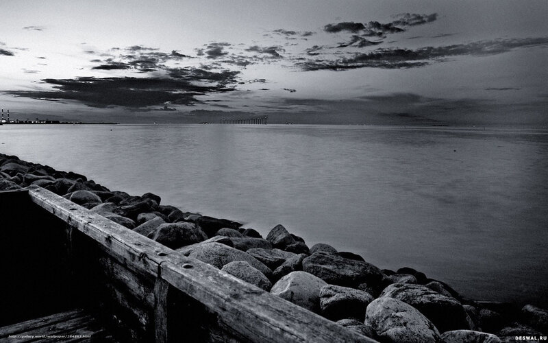Rocky Shoreline at Dusk — Black, Serene, Sunset