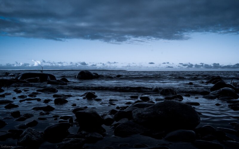 Rocky Shoreline at Dusk — Blue, Dramatic, Night, Photograph, Rocks, Sea, Clouds, Black