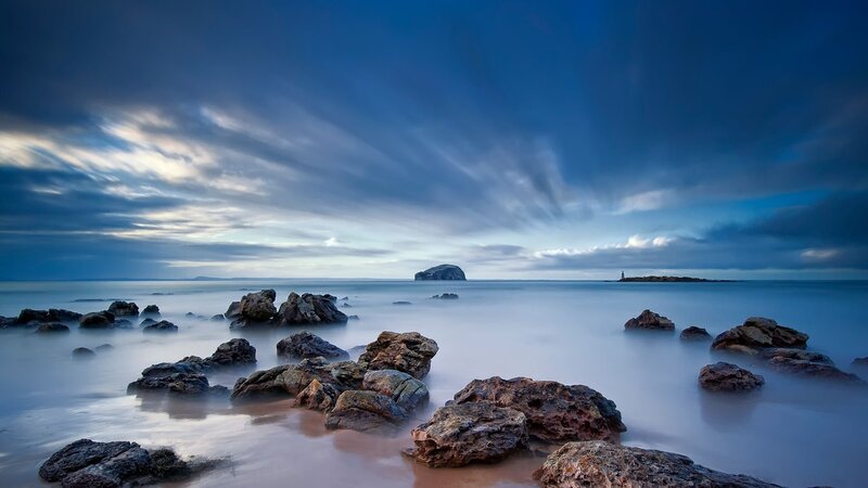 Rocky Shoreline at Dusk — Blue, Dramatic, Night, Photograph, Rocks, Sea
