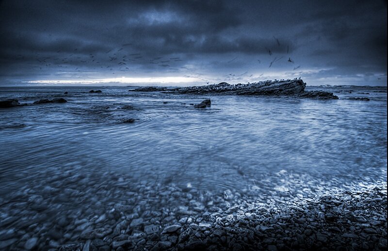 Rocky Shoreline at Dusk — Blue, Dramatic, Night