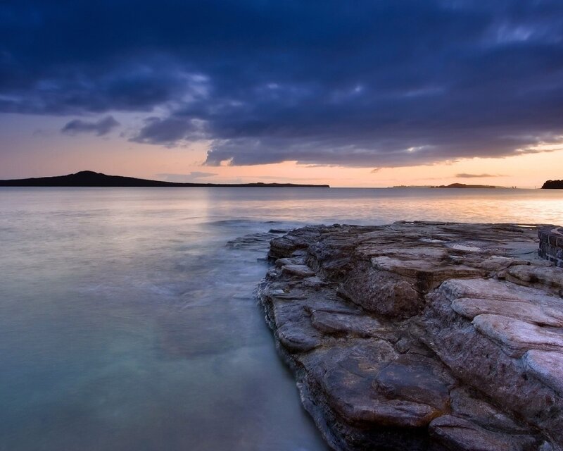 Rocky Shoreline at Dusk — Blue, Dramatic, Sunset, Photograph, Sea, Sky, Clouds, Purple