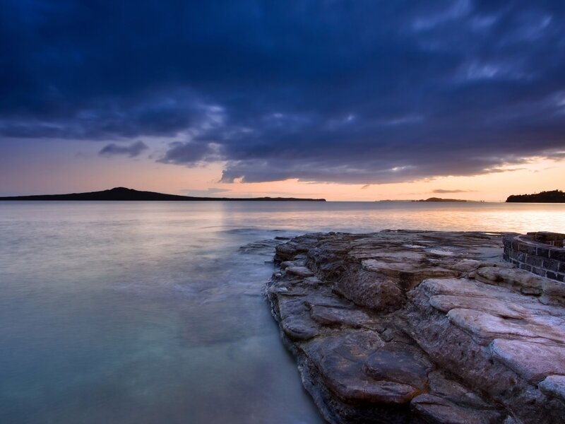 Rocky Shoreline at Dusk — Blue, Dramatic, Sunset
