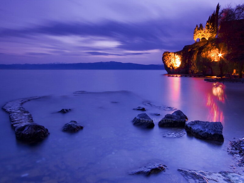 Rocky Shoreline at Dusk — Blue, Serene, Night, Photograph