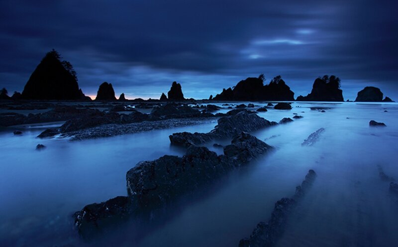 Rocky Shoreline at Dusk — Blue, Serene, Night