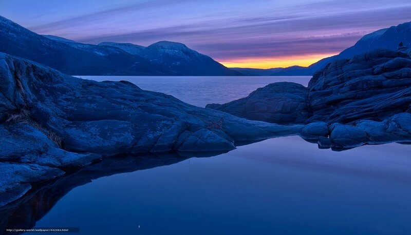 Rocky Shoreline at Dusk — Blue, Serene, Sunset, Photograph, Mountains