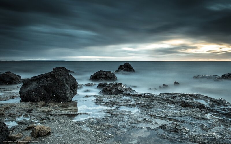 Rocky Shoreline at Dusk — Gray, Dramatic, Sunset, Photograph, Rocks, Ocean