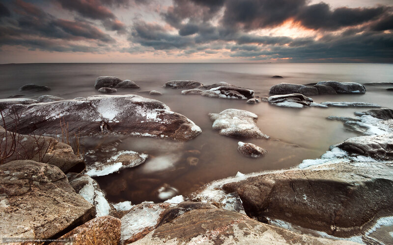 Rocky Shoreline at Dusk — Gray, Dramatic, Sunset, Photograph