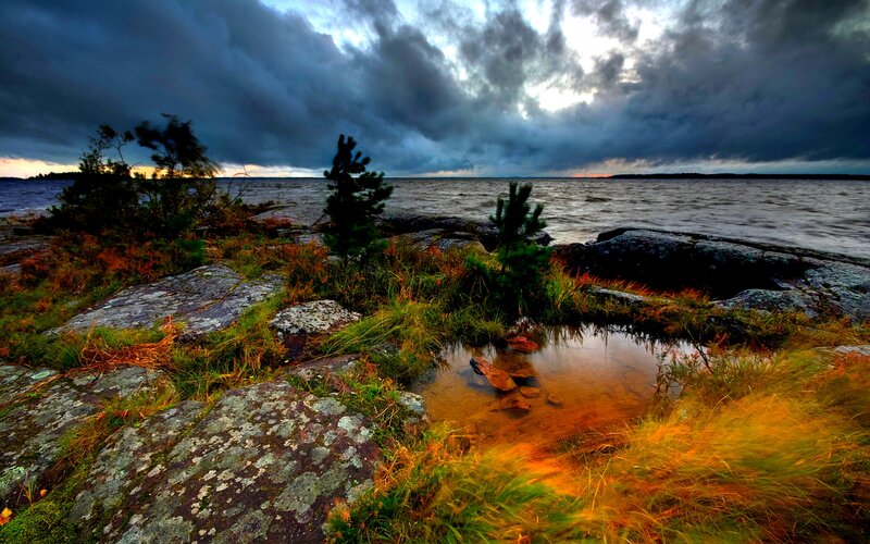 Rocky Shoreline at Dusk — Gray, Dramatic