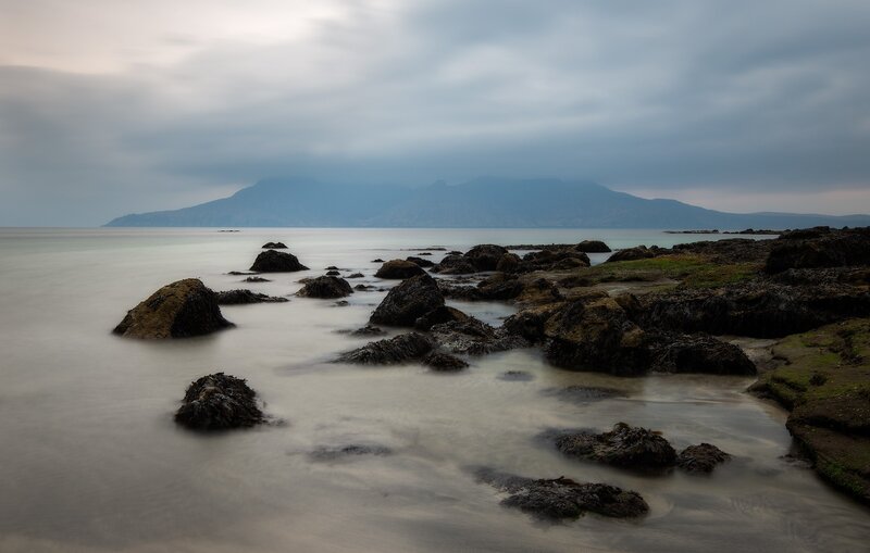 Rocky Shoreline at Dusk — Gray, Serene, Photograph, Rocks