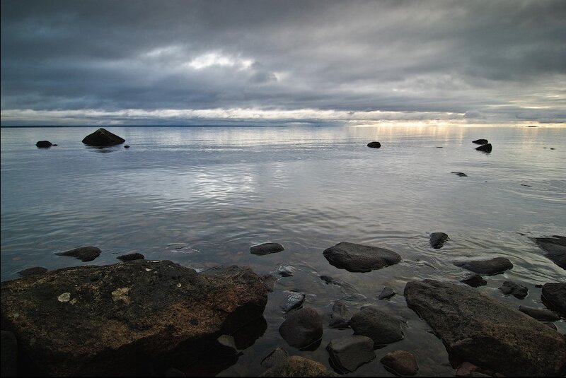 Rocky Shoreline at Dusk — Gray