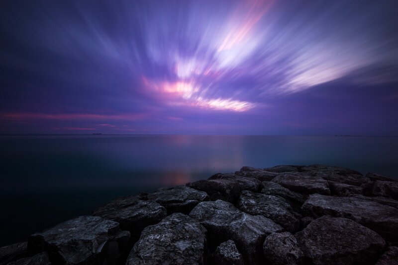Rocky Shoreline at Dusk — Purple, Dramatic, Night, Photograph