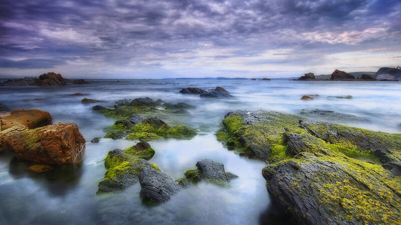 Rocky Shoreline at Dusk — Purple, Dramatic, Sunset, Photograph, Rocks, Seaweed