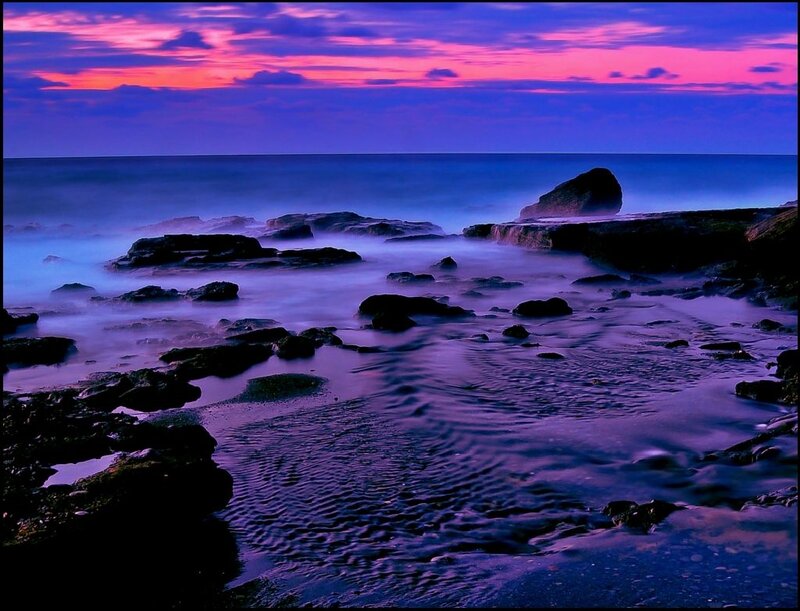 Rocky Shoreline at Dusk — Purple, Dramatic, Sunset, Photograph