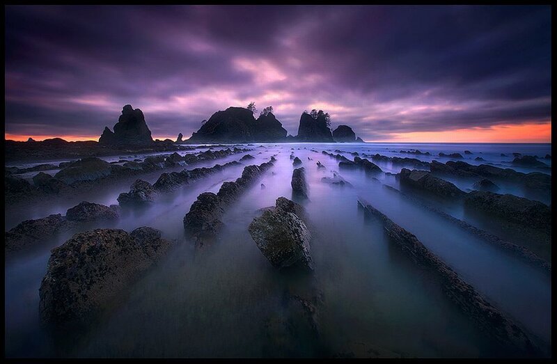 Rocky Shoreline at Dusk — Purple, Dramatic, Sunset