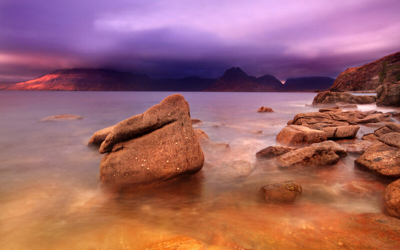 Rocky Shoreline at Dusk — Purple, Dramatic
