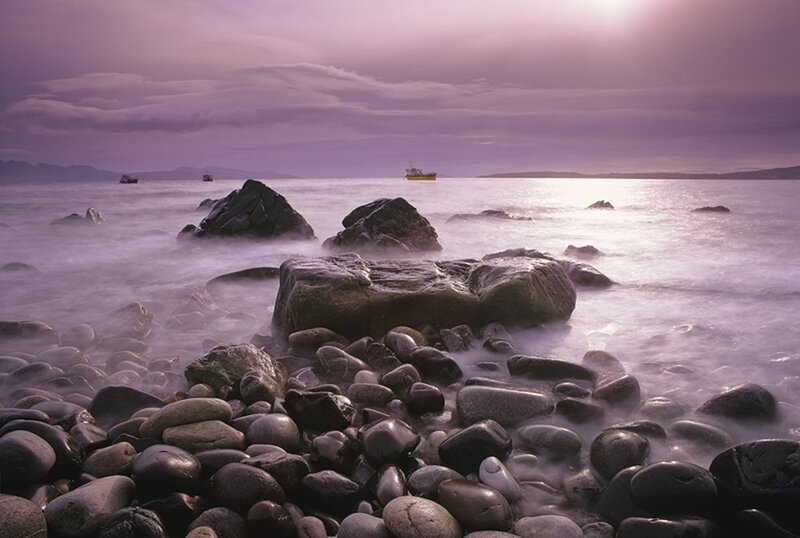 Rocky Shoreline at Dusk — Purple, Serene, Sunset