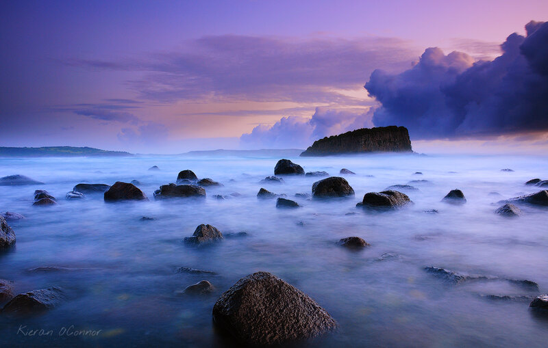 Rocky Shoreline at Dusk — Purple, Serene