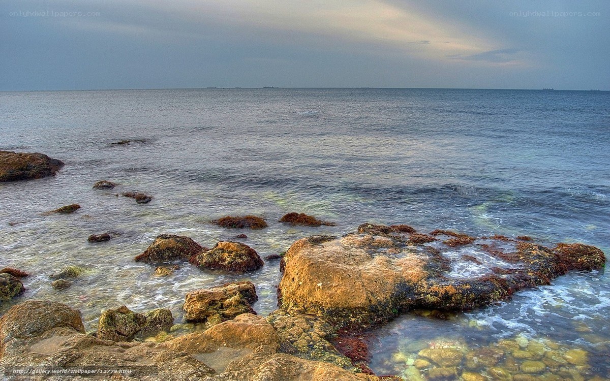 Rocky shoreline at dusk