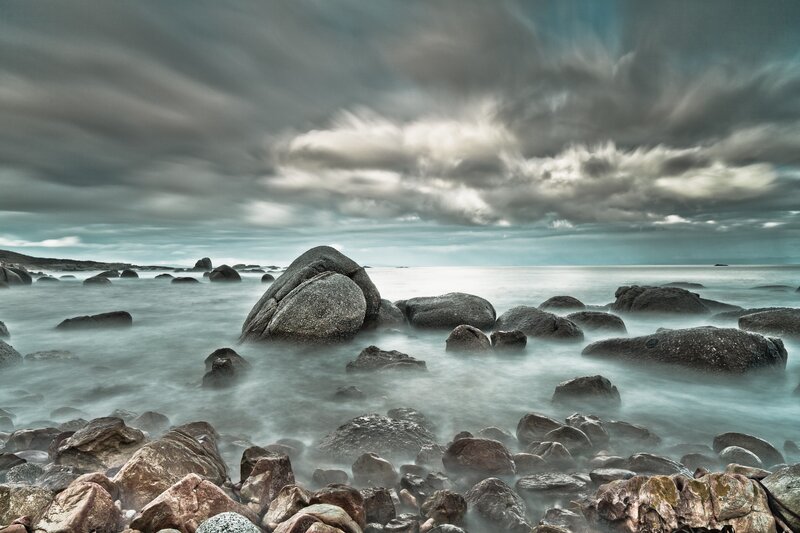 Rocky Shoreline at Sea — Gray, Dramatic, Photograph, Rocks, Clouds