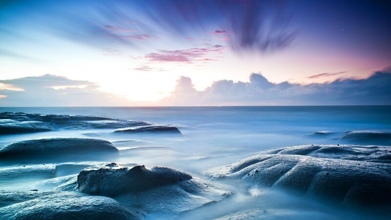 Rocky Shoreline at Sunrise — Blue, Serene