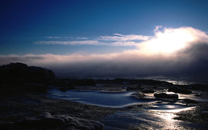 Rocky Shoreline at Sunrise — Blue