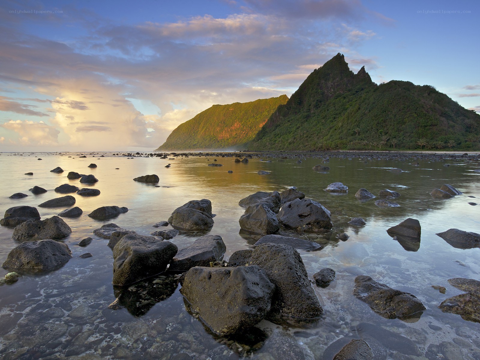 Rocky shoreline at sunset