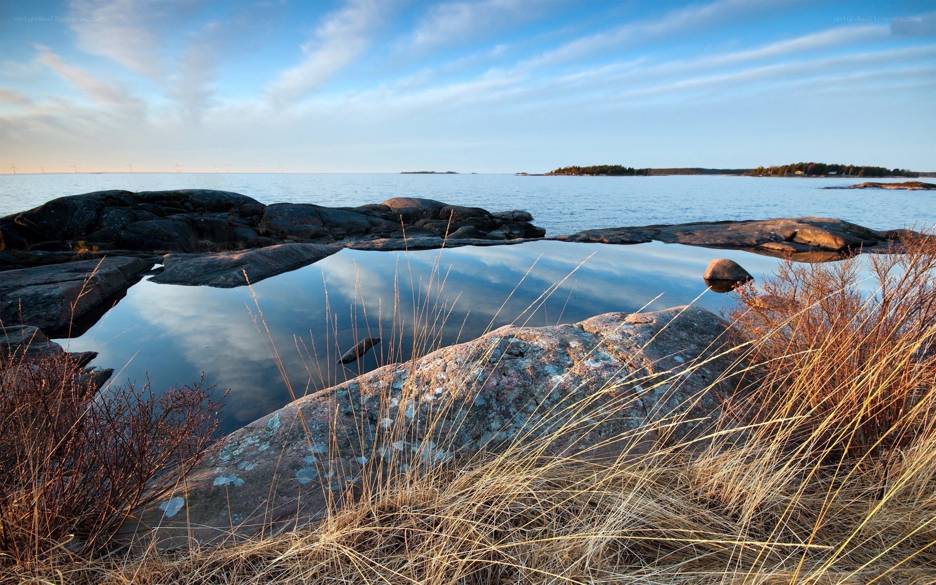 Rocky shoreline at sunset
