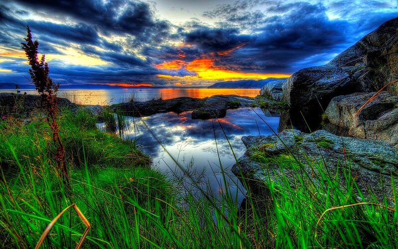 Rocky Shoreline at Sunset — Blue, Dramatic, Photograph, Grass