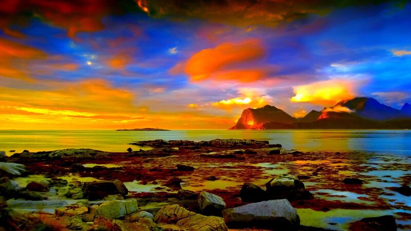 Rocky Shoreline at Sunset — Blue, Dramatic, Photograph, Mountains