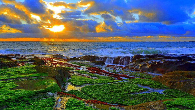 Rocky Shoreline at Sunset — Blue, Dramatic, Photograph, Ocean, Clouds, Seaweed