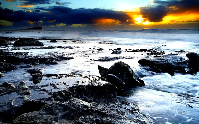 Rocky Shoreline at Sunset — Blue, Dramatic, Photograph, Ocean, Rocks