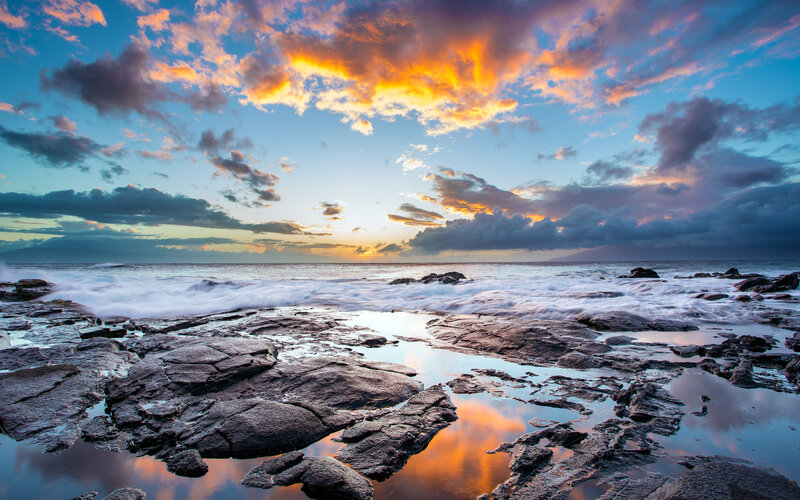 Rocky Shoreline at Sunset — Blue, Dramatic, Photograph, Ocean