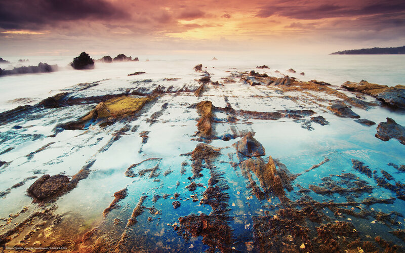 Rocky Shoreline at Sunset — Blue, Dramatic, Photograph, Rocks, Ocean, Sky