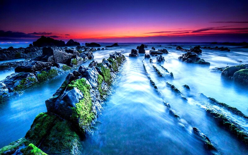 Rocky Shoreline at Sunset — Blue, Dramatic, Photograph, Rocks, Ocean