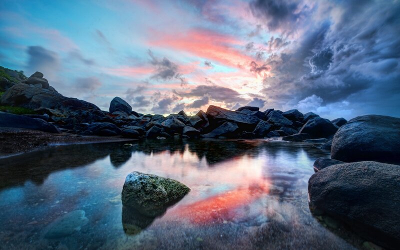 Rocky Shoreline at Sunset — Blue, Dramatic, Photograph, Rocks