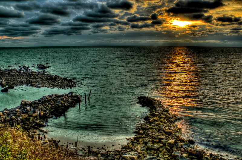 Rocky Shoreline at Sunset — Blue, Dramatic, Photograph, Sea