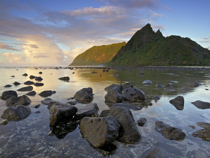 Rocky Shoreline at Sunset — Blue, Serene, Photograph, Mountain, Sea