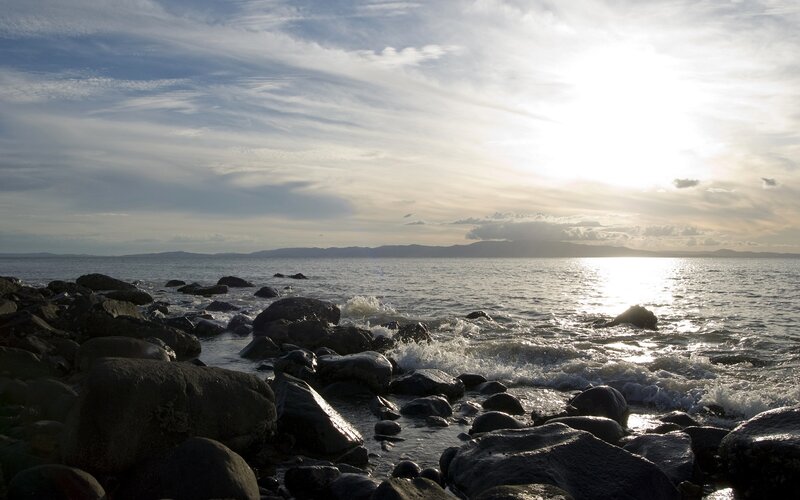 Rocky Shoreline at Sunset — Blue, Serene, Photograph, Ocean, Rocks