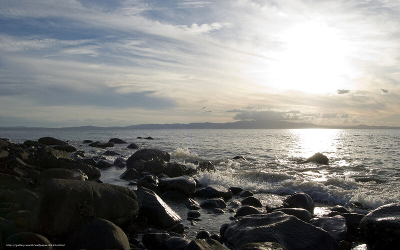 Rocky Shoreline at Sunset — Blue, Serene, Photograph, Ocean, Sky, Mountains
