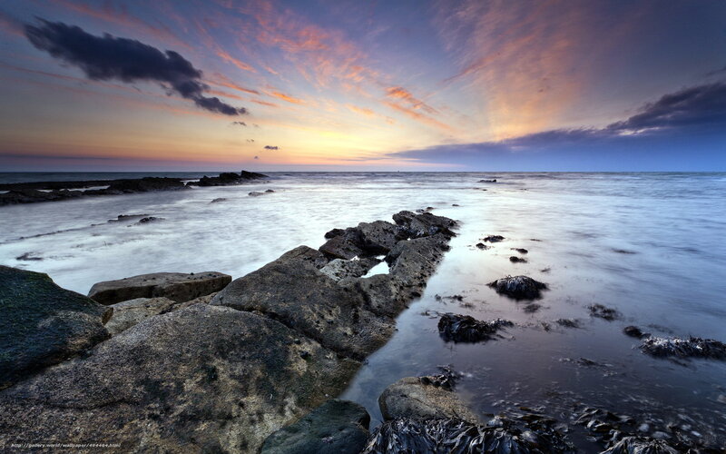 Rocky Shoreline at Sunset — Blue, Serene, Photograph, Rocks, Ocean, Sky, Clouds