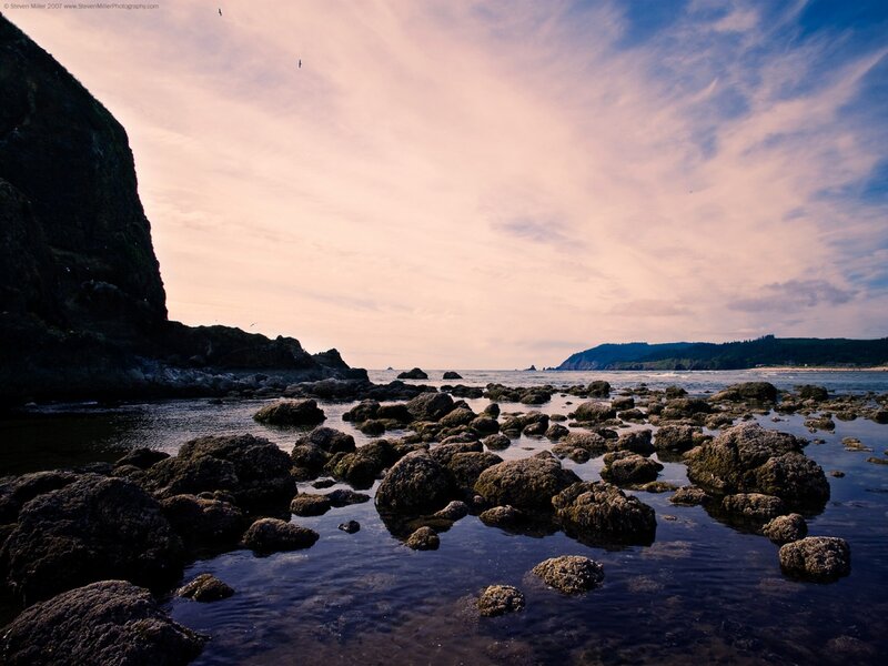 Rocky Shoreline at Sunset — Blue, Serene, Photograph, Rocks, Sea