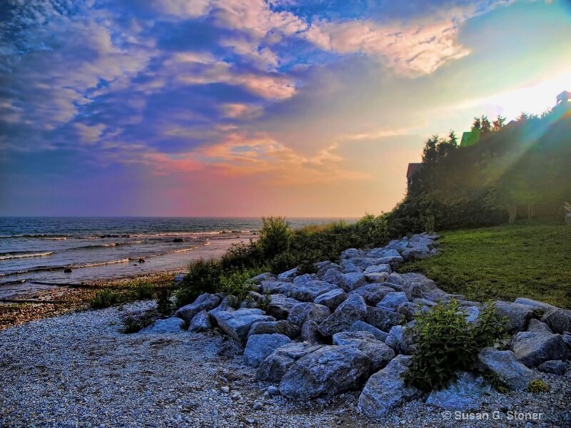 Rocky Shoreline at Sunset — Blue, Serene