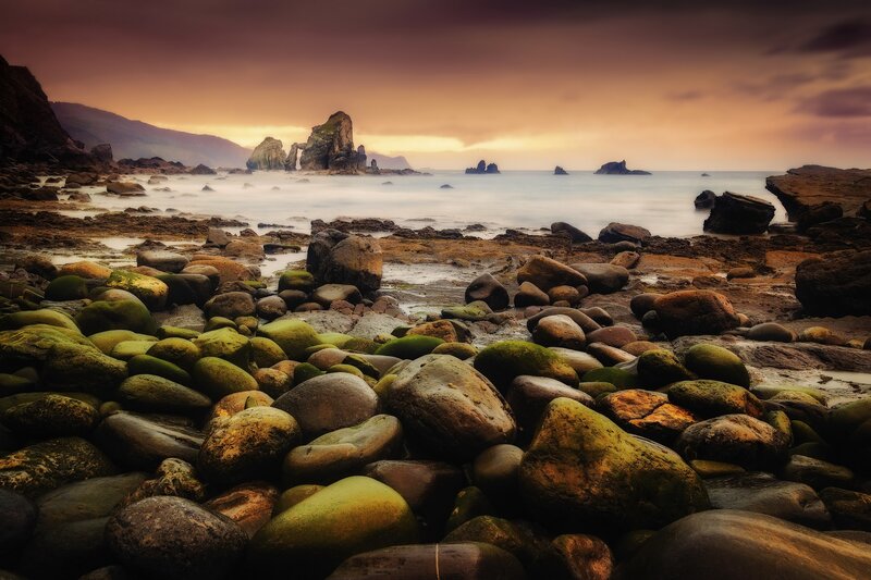 Rocky Shoreline at Sunset — Brown, Dramatic