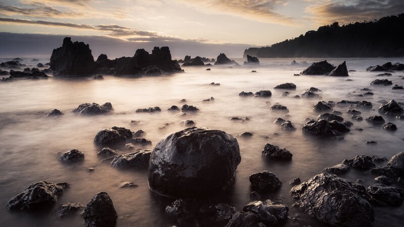 Rocky Shoreline at Sunset — Gray, Serene, Photograph, Rocks, Sea