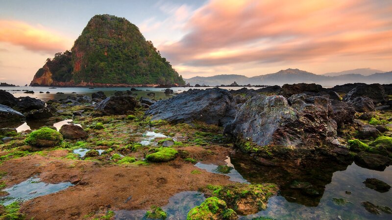 Rocky Shoreline at Sunset — Green, Serene, Photograph, Island